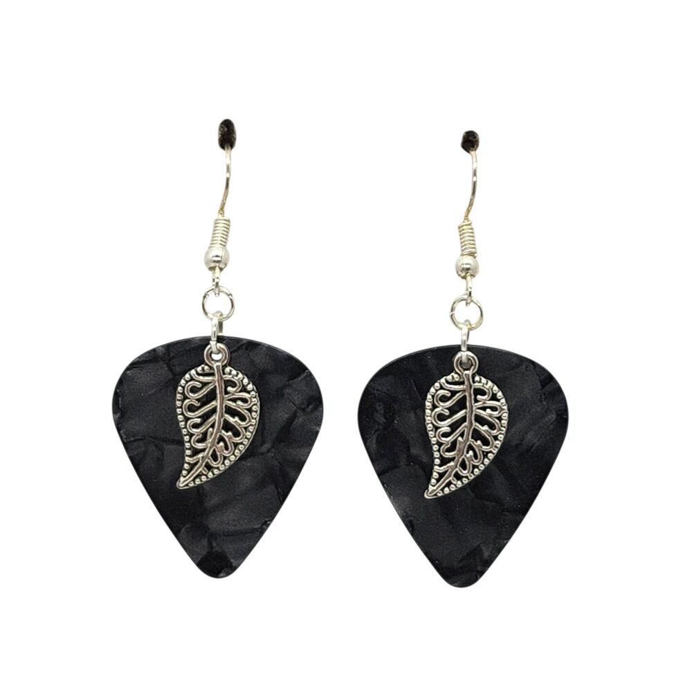 Decorative Leaf Charm on Guitar Pick Earrings - Choose Color - Handmade in USA